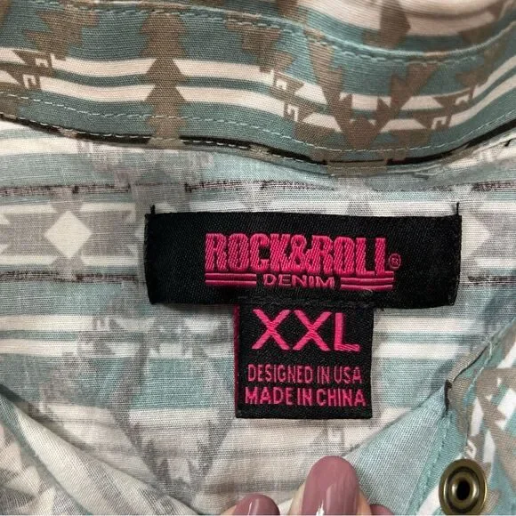 Rock & Roll Denim Aztec Print Snap Shirt Women’s Size XXL - Picture 2 of 10